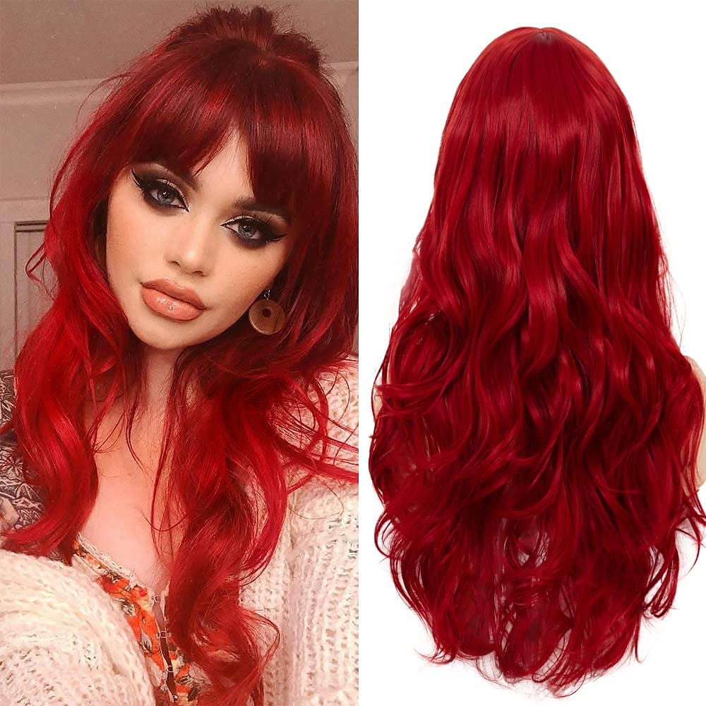Long Curly Hair Wavy Red Wig with Bangs Synthetic Heat Resistant Silky Wigs