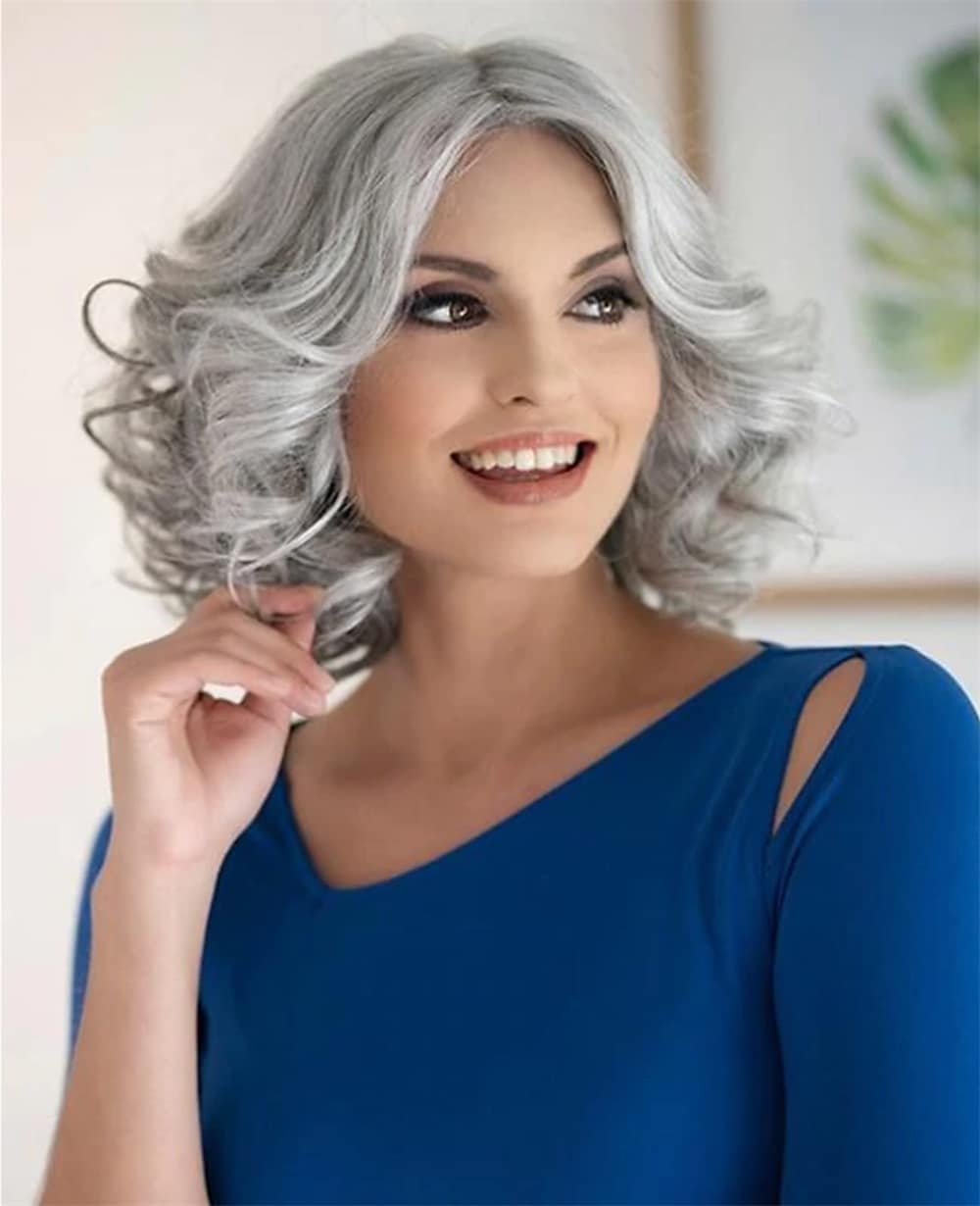 Mixed Grey Short Wavy Wigs for White Women Synthetic Natural Looking Wigs