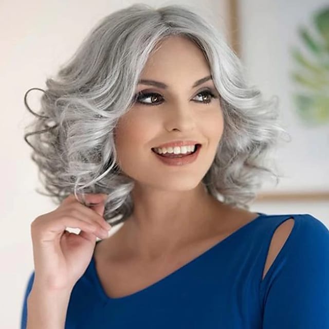 Mixed Grey Short Wavy Wigs for White Women Synthetic Natural Looking Wigs