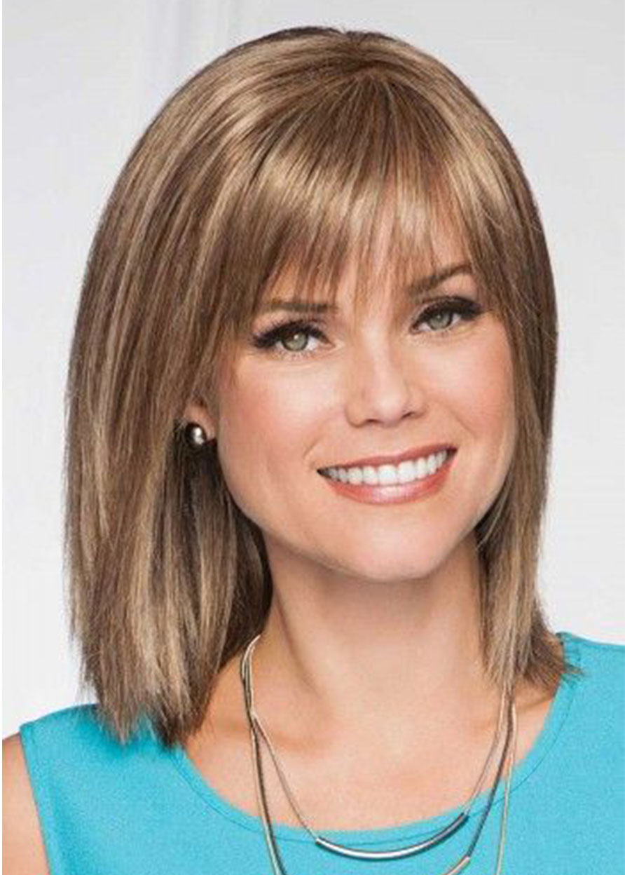 Women's Medium Hairstyles Natural Straight Synthetic Hair Wigs With Bangs Capless Wigs 18Inch