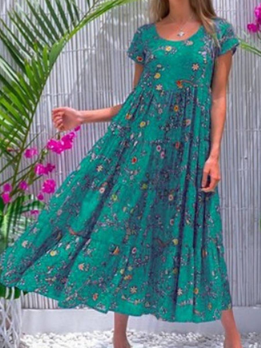 Casual Round Neck Short Sleeve Print Maxi Dress