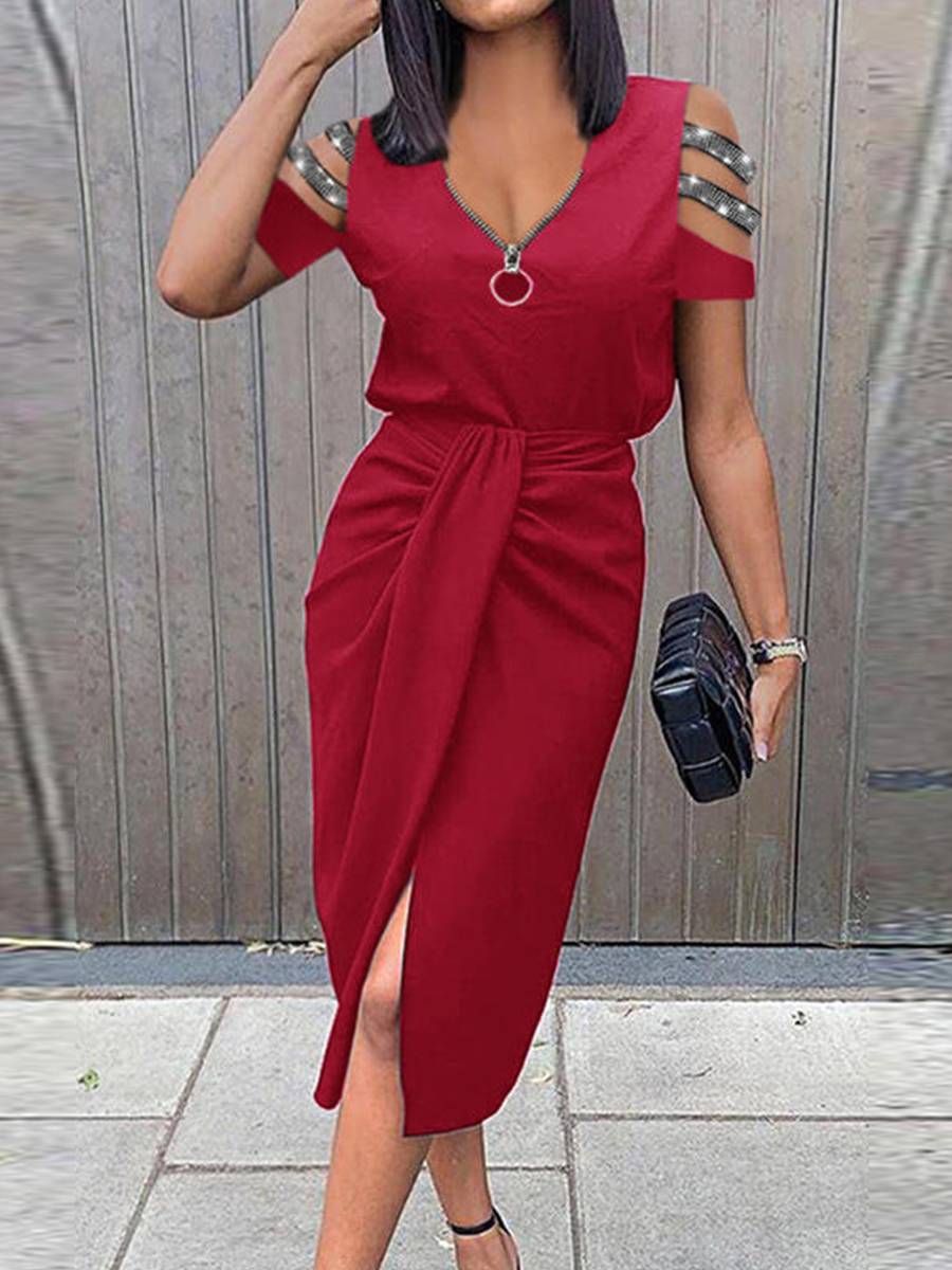 Casual Zipper Solid Color Pleated V-neck Short-sleeved Dress