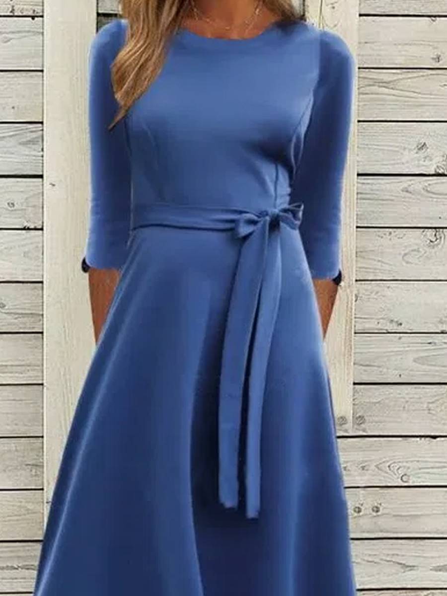 Round Neck Belted Five-point Sleeve Maxi Dress