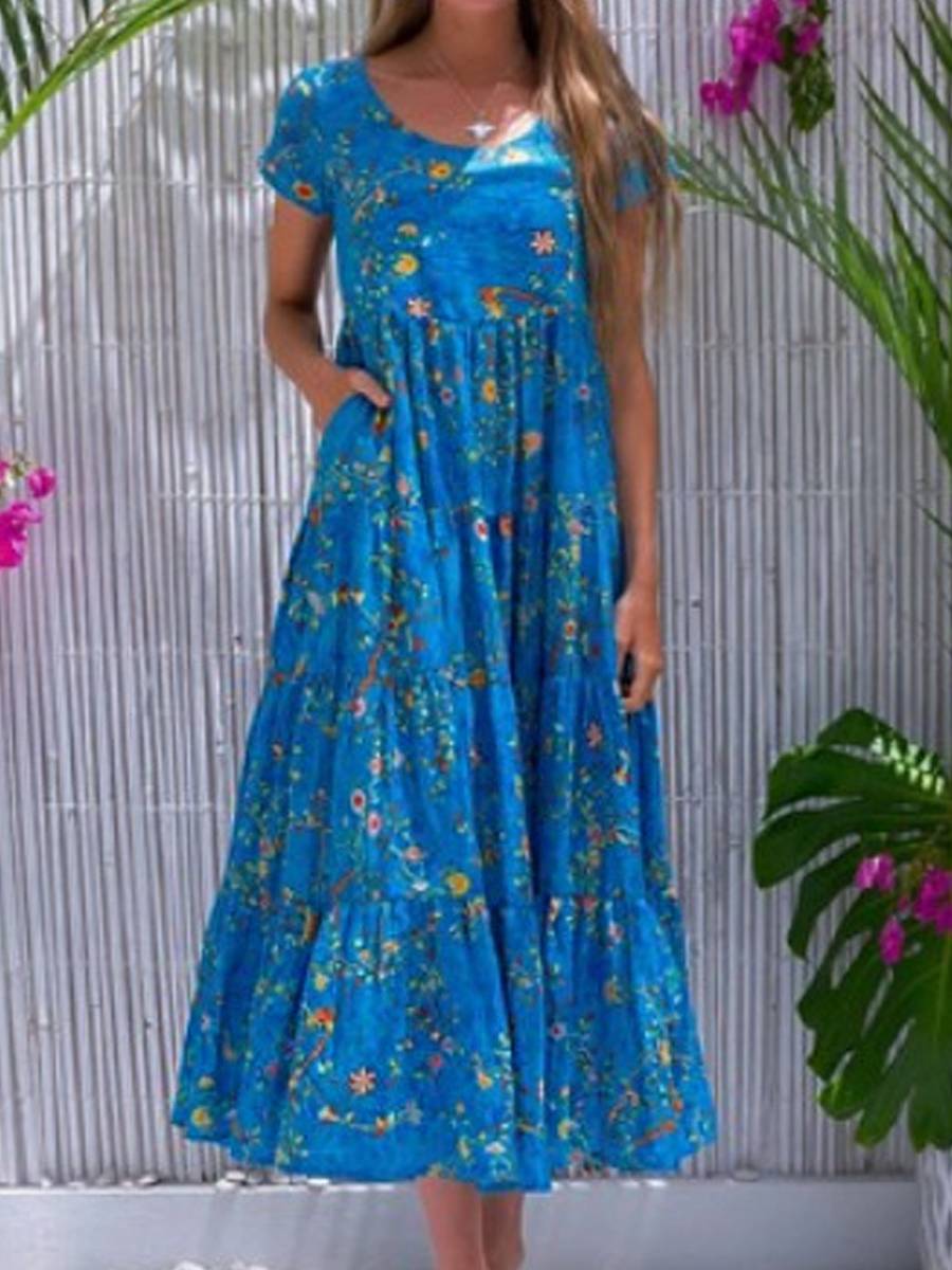 Casual Round Neck Short Sleeve Print Maxi Dress