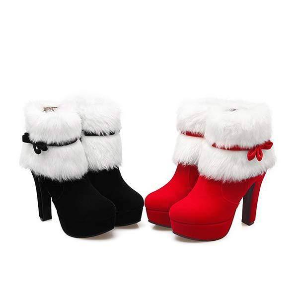 Women's Chunky Heel Short Plush Bow Booties