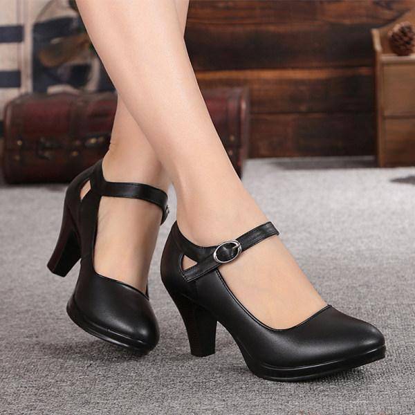 Women'S Shallow Mouth Round Toe Strappy Chunky High Heels