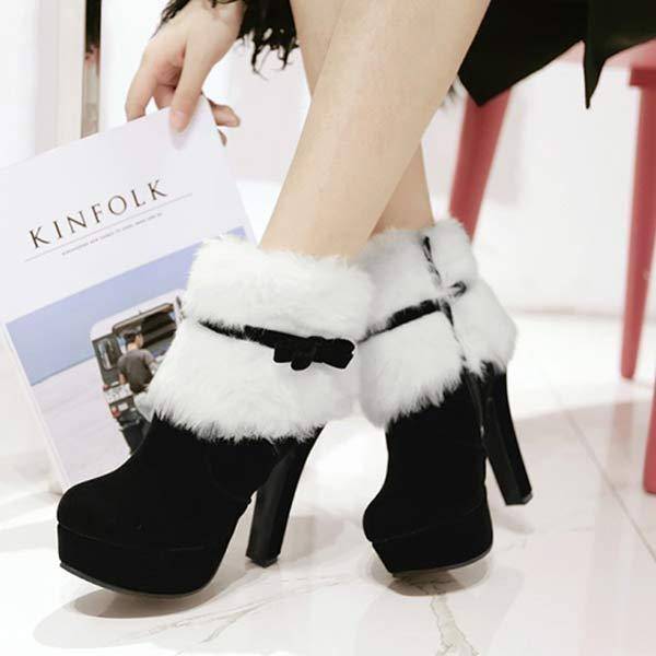 Women's Chunky Heel Short Plush Bow Booties