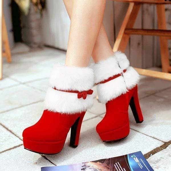 Women's Chunky Heel Short Plush Bow Booties