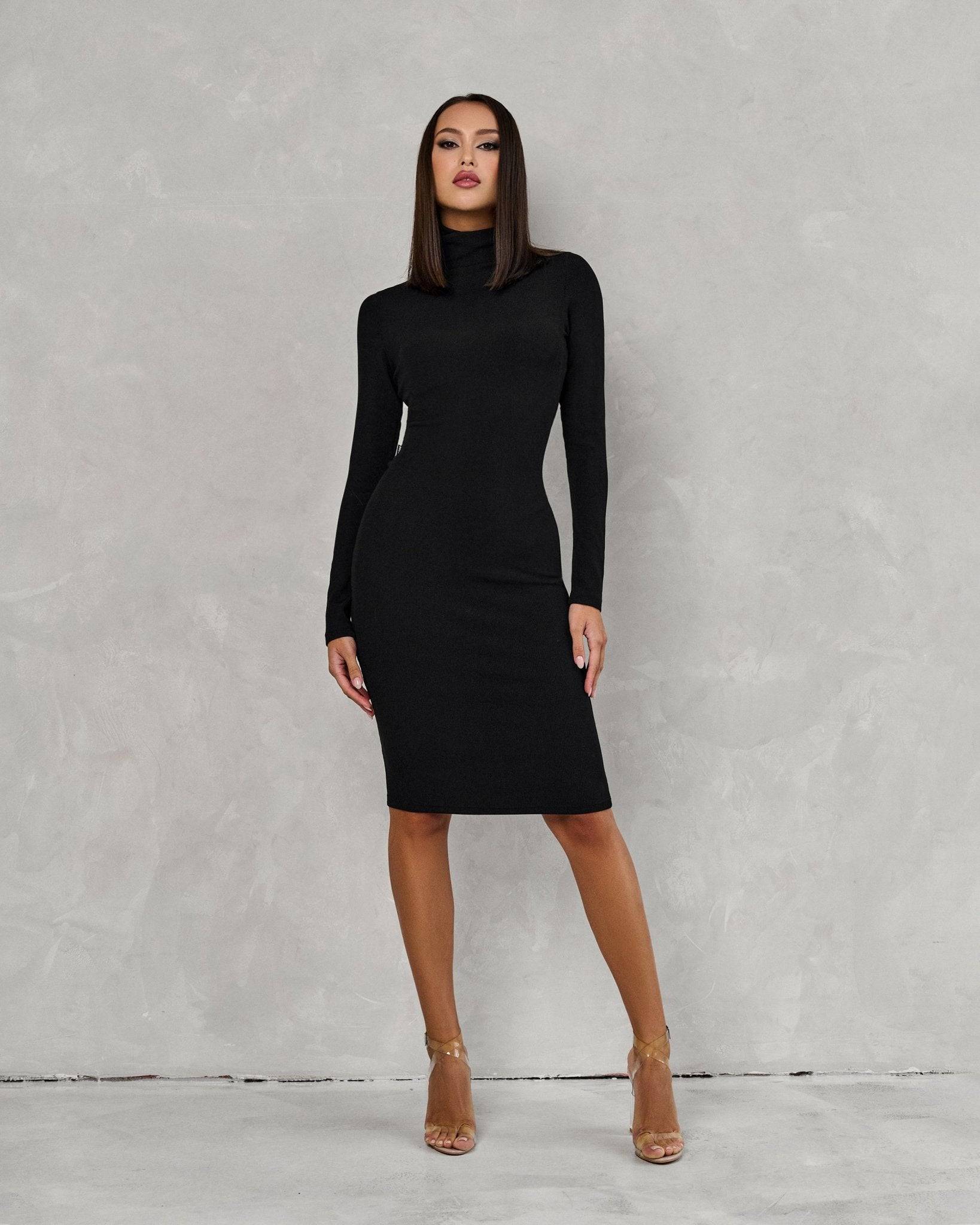 Polo Neck Dress Black Rib