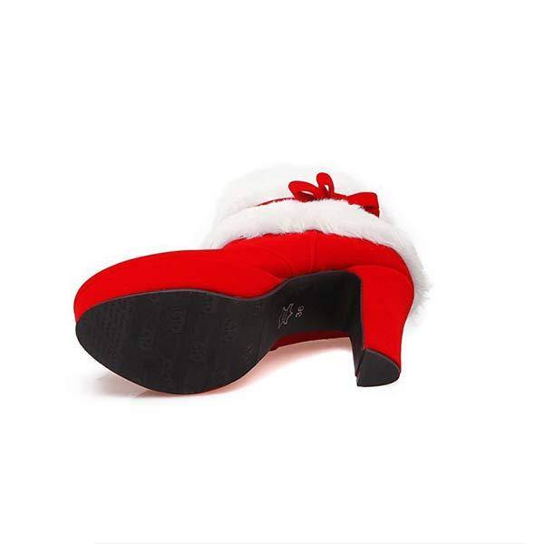 Women's Chunky Heel Short Plush Bow Booties