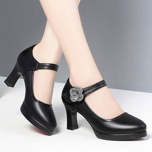 Women'S Shallow Mouth Round Toe Strappy Chunky High Heels