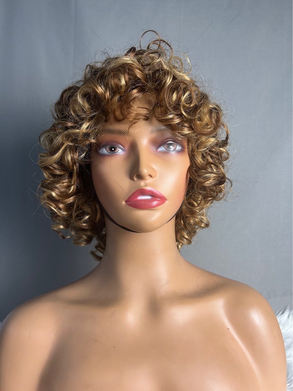 Women's Light Brown Color Curly Synthetic Hair Wigs Lace Front Cap Wigs 16inch