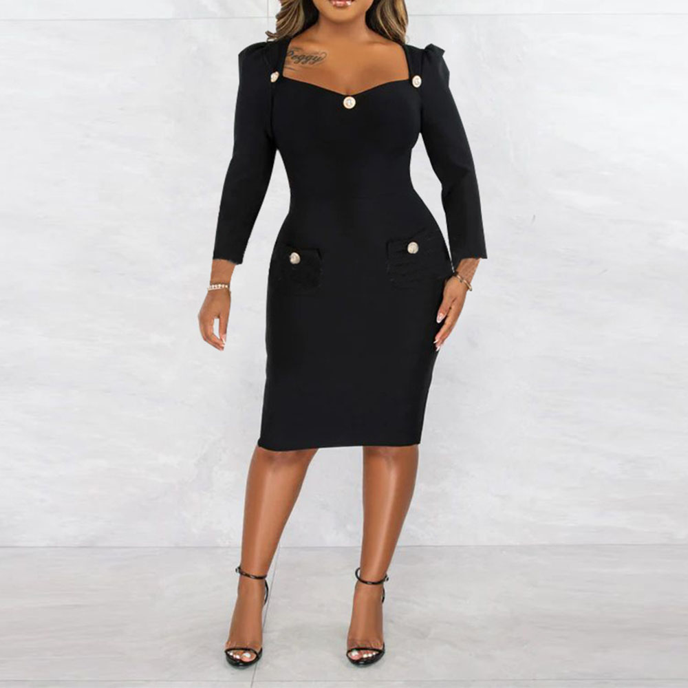 Button Knee-Length Nine Points Sleeve Square Neck Bodycon Women's Dress