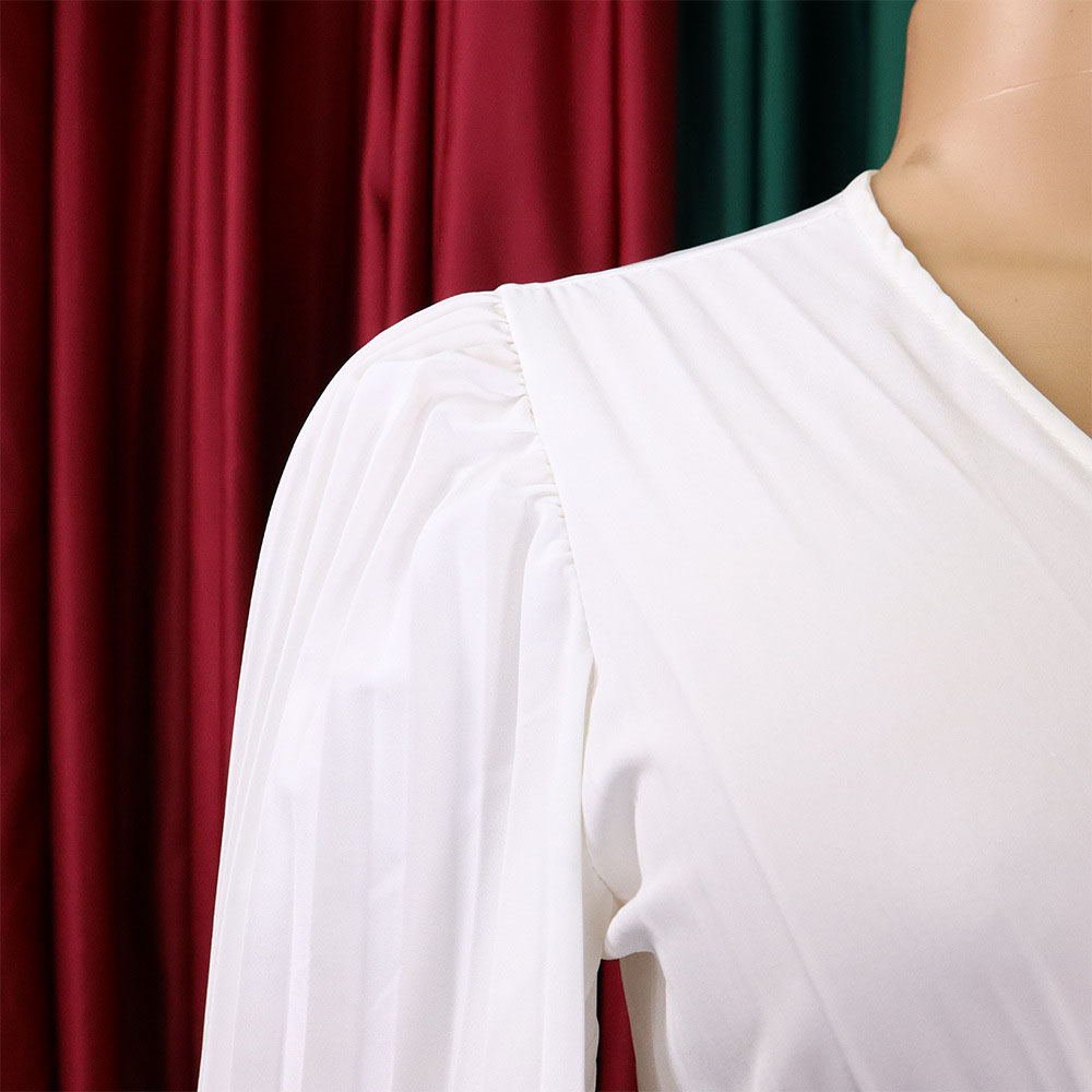 Belt V-Neck Three-Quarter Sleeve Floor-Length Pleated Women's Dress