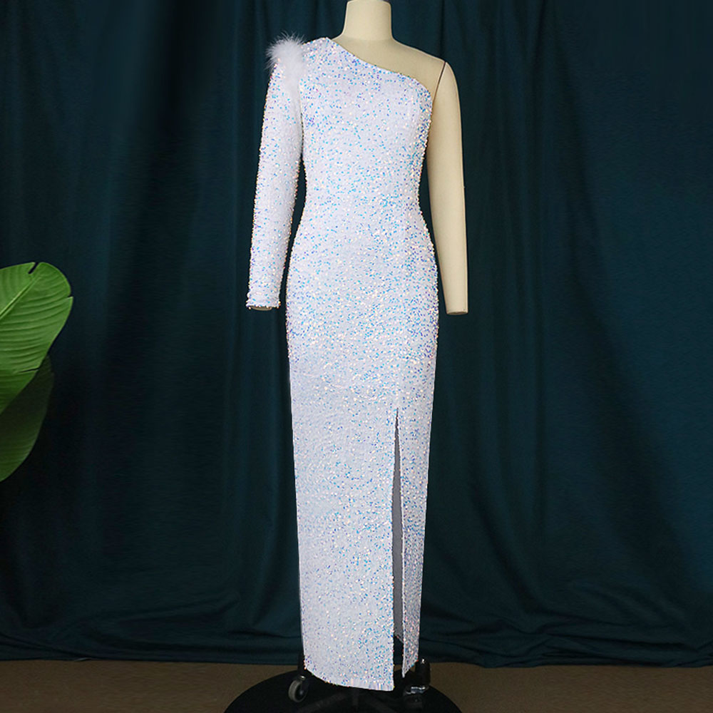 Feather Floor-Length Long Sleeve Oblique Collar Bodycon Women's Dress