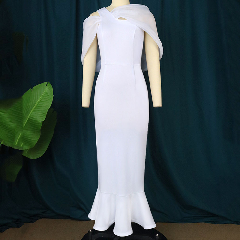 Falbala Short Sleeve Oblique Collar Ankle-Length Plain Women's Dress