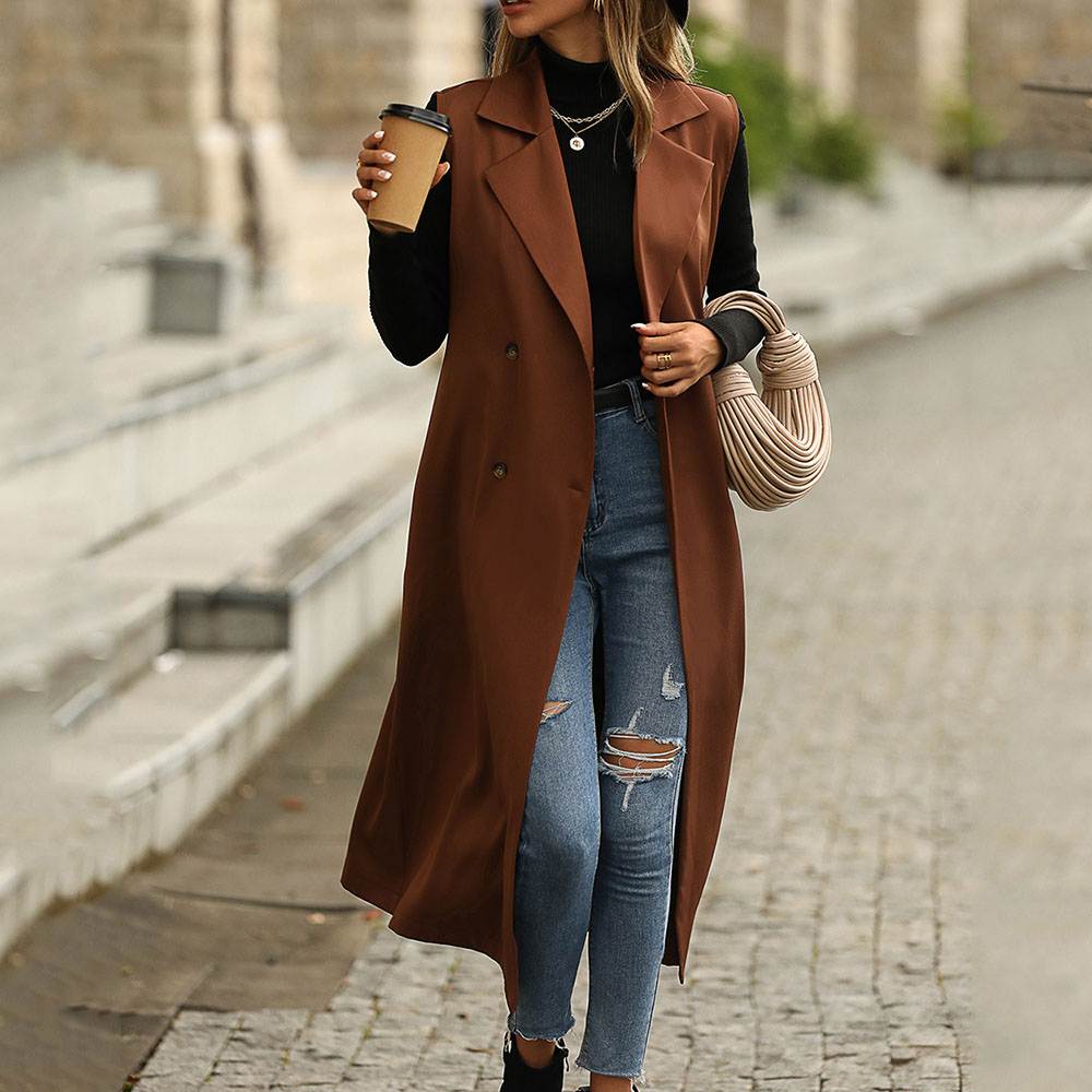 Double-Breasted Long Button Notched Lapel Slim Women's Trench Coat