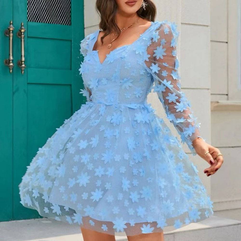 Long Sleeve V-Neck Above Knee Mesh A-Line Women's Dress