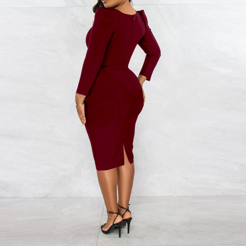 Button Knee-Length Nine Points Sleeve Square Neck Bodycon Women's Dress