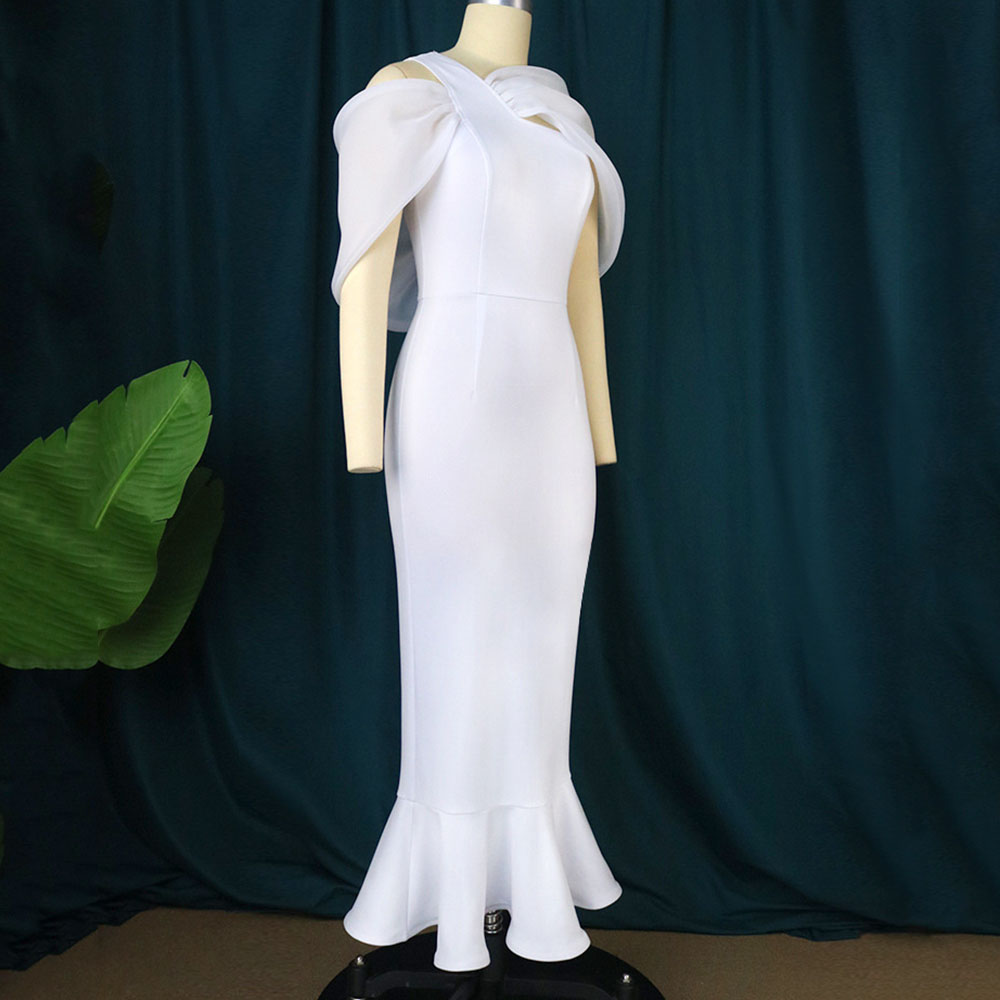 Falbala Short Sleeve Oblique Collar Ankle-Length Plain Women's Dress