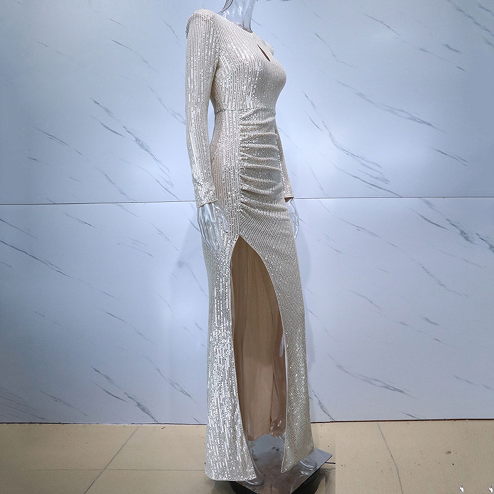 Sequins Long Sleeve Floor-Length Round Neck Pullover Women's Dress