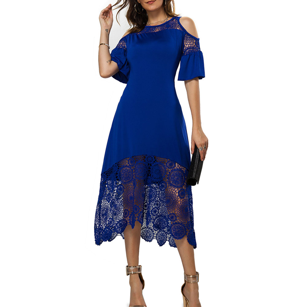 Mid-Calf Round Neck Short Sleeve Lace Office Lady Women's Dress