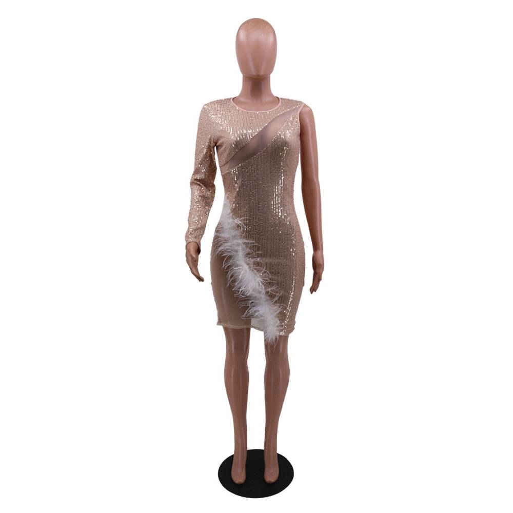 Asymmetric Long Sleeve Above Knee Round Neck High Waist Women's Dress