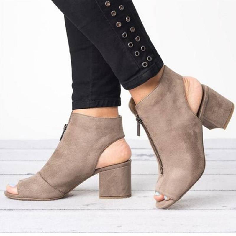 Peep Toe Strappy Chunky Heel Zipper Casual Sandals