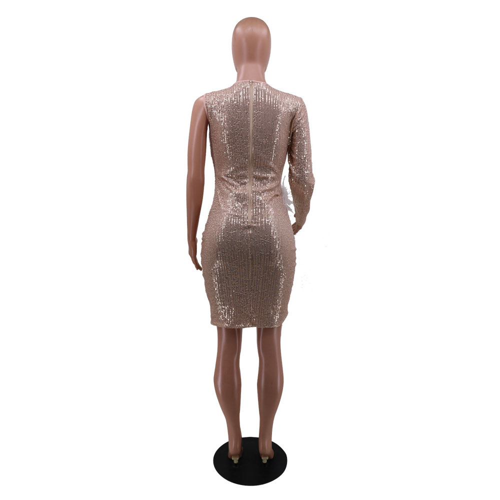 Asymmetric Long Sleeve Above Knee Round Neck High Waist Women's Dress