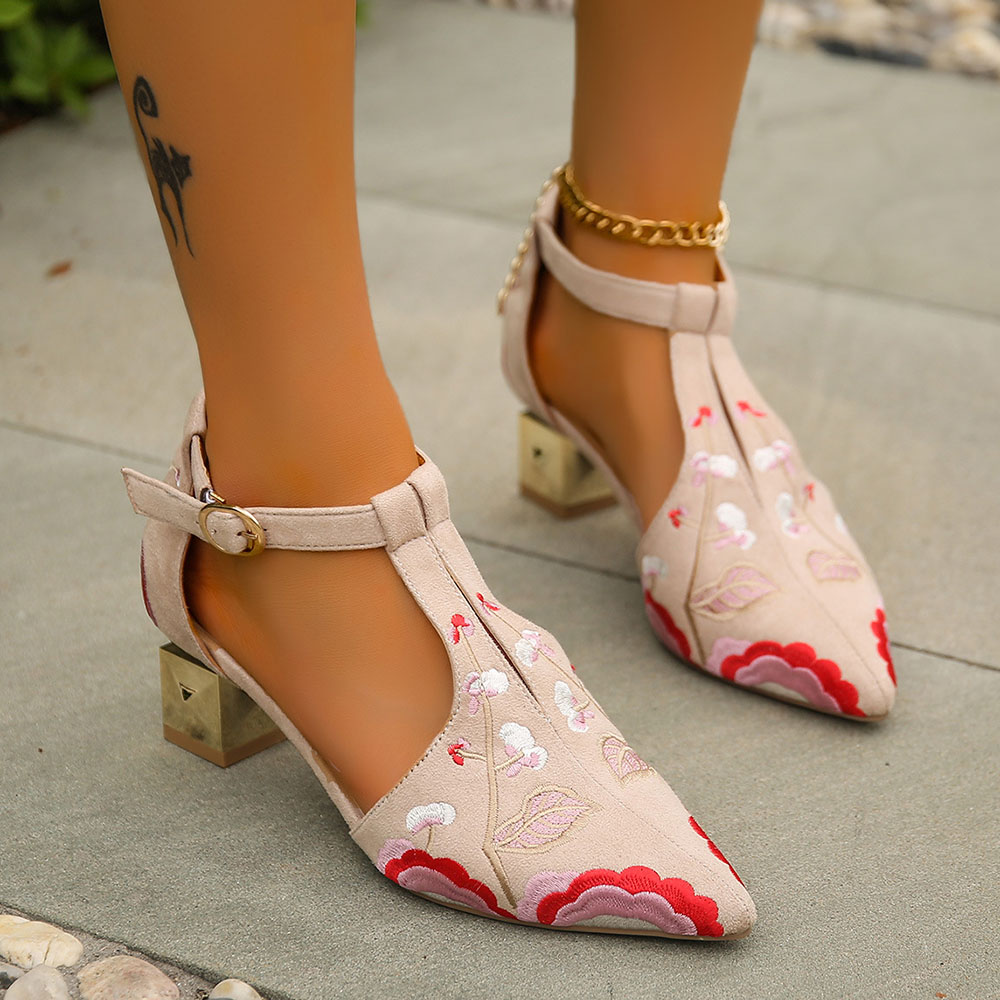 Pointed Toe Chunky Heel Embroidery T-Shaped Buckle Floral Thin Shoes