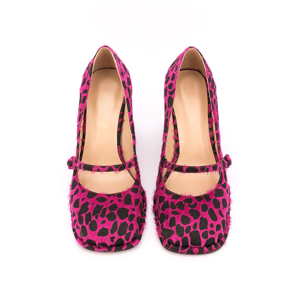 Square Toe Chunky Heel Velcro Leopard Thin Shoes