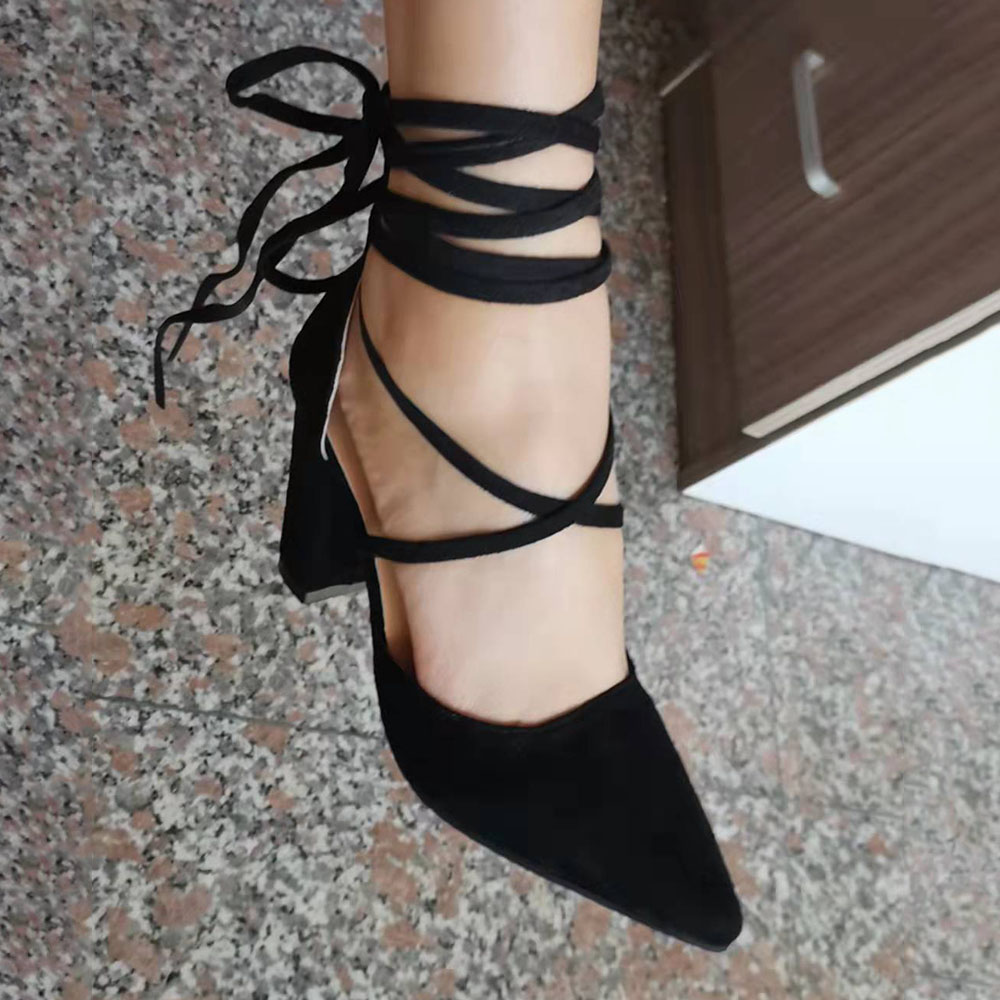 Pointed Toe Lace-Up Lace-Up Chunky Heel Western Thin Shoes
