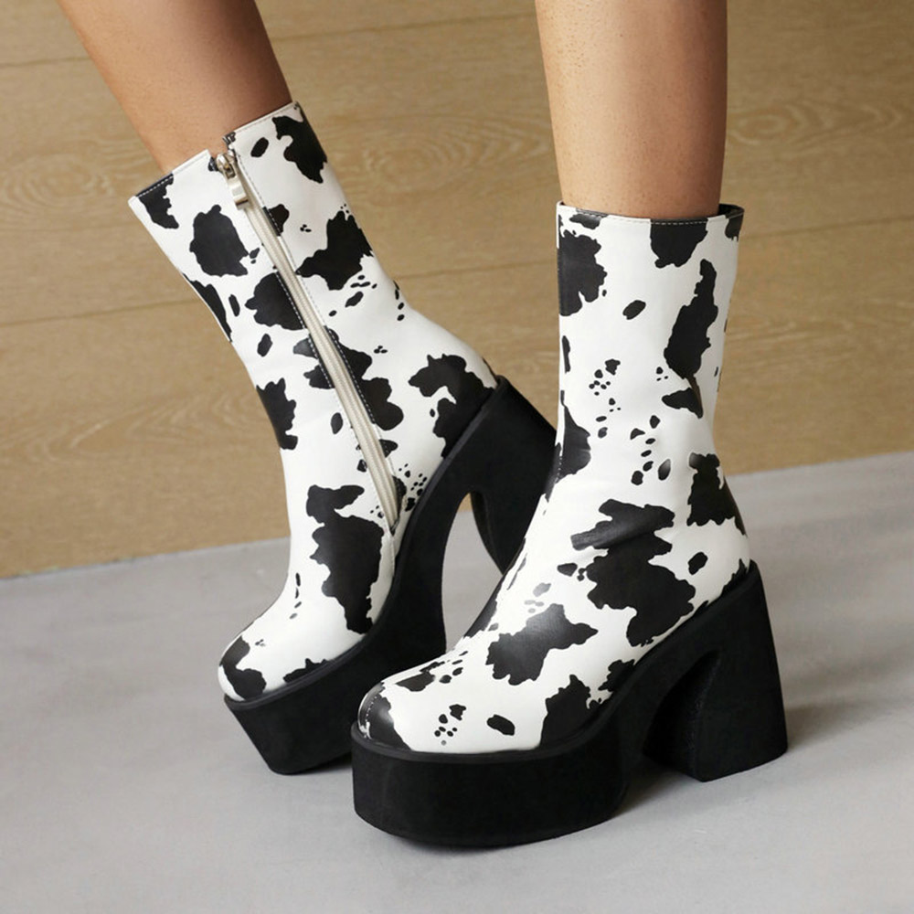 Chunky Heel Square Toe Color Block Side Zipper Casual Boots