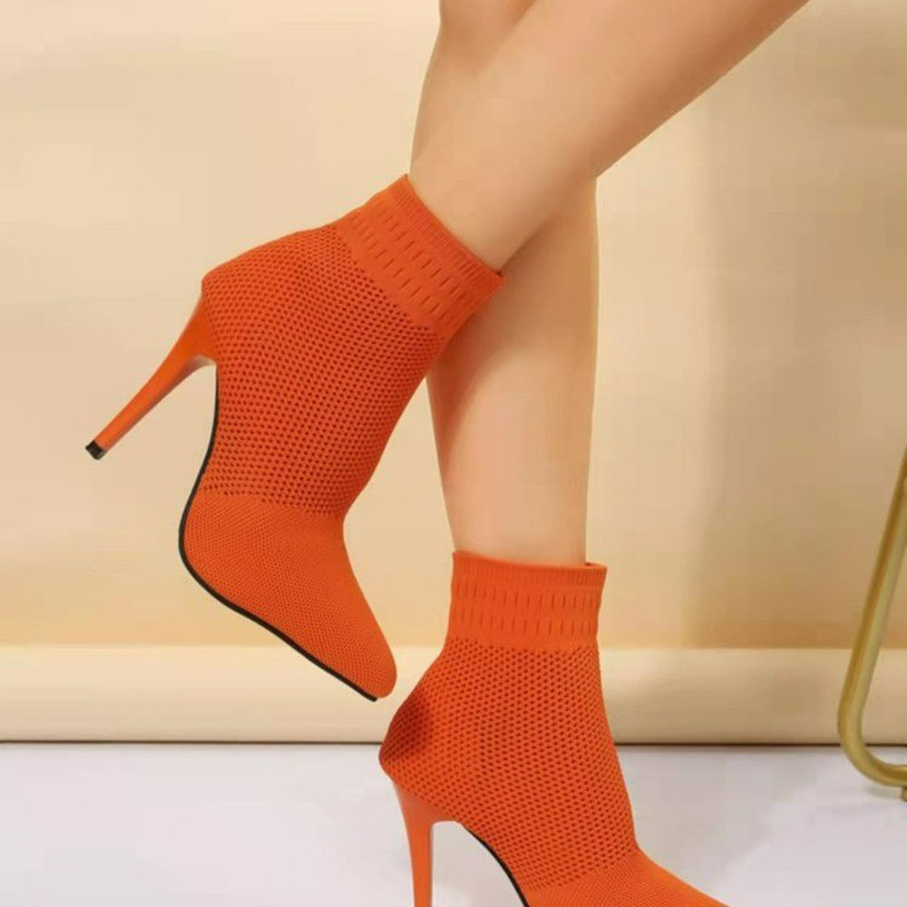 Slip-On Stiletto Heel Pointed Toe Plain Cotton Boots