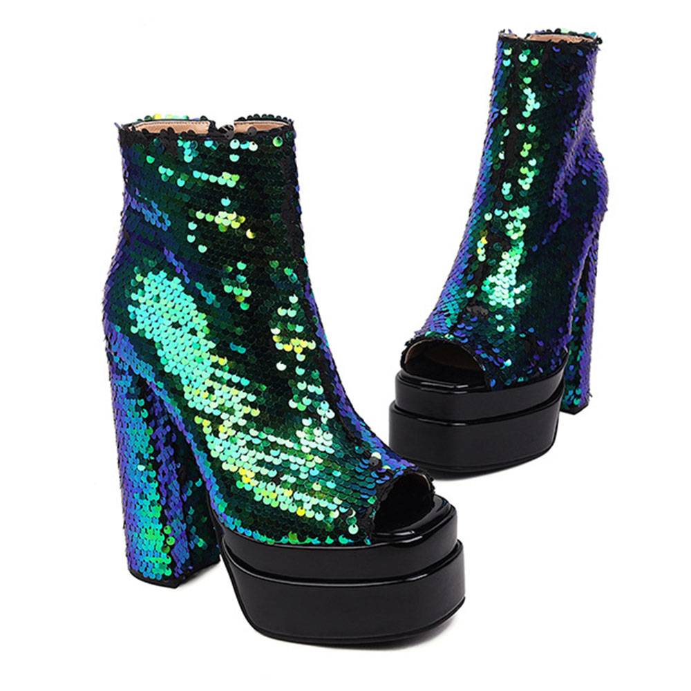 Side Zipper Peep Toe Chunky Heel Sequin Boots