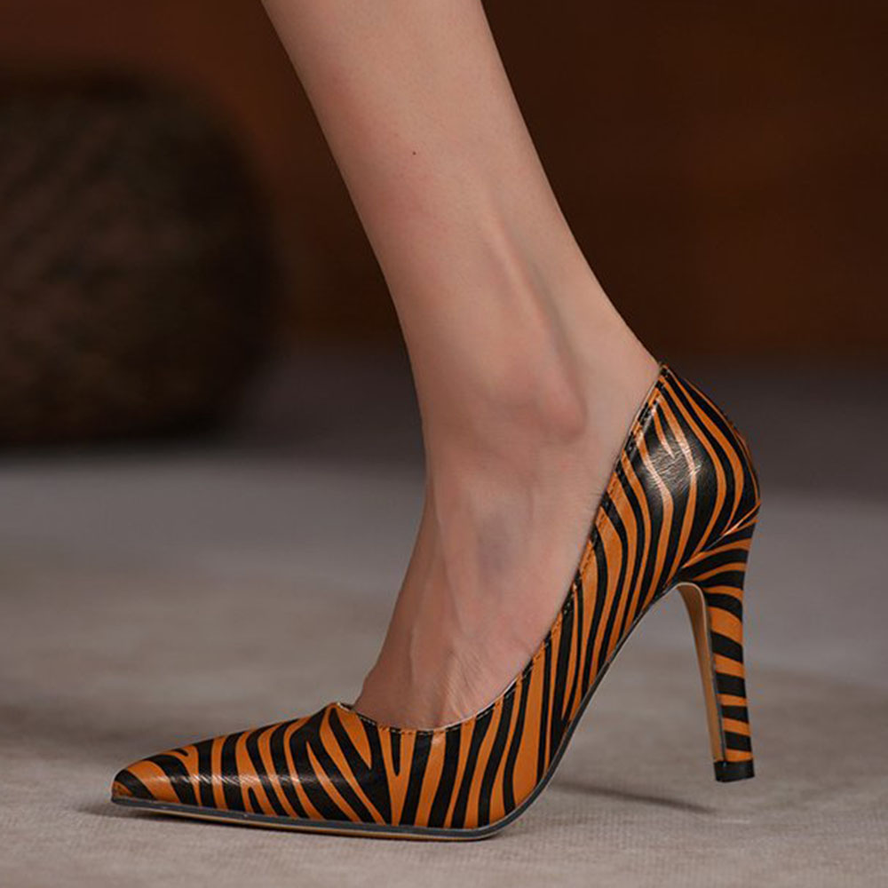 Thread Pointed Toe Slip-On Stiletto Heel Zebra Thin Shoes