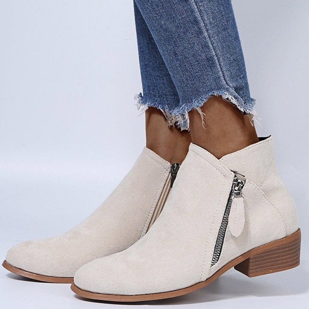 Round Toe Side Zipper Chunky Heel Western Boots