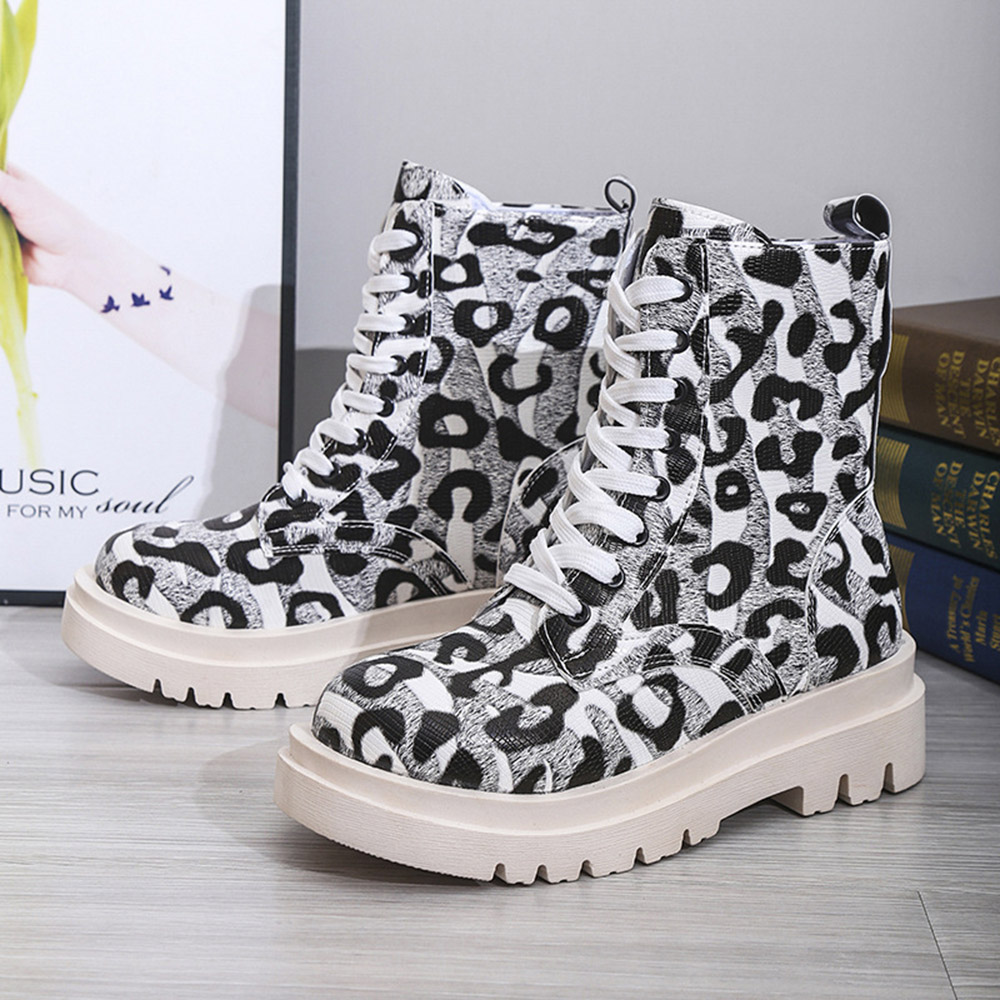 Lace-Up Front Leopard Round Toe Block Heel Thread Boots