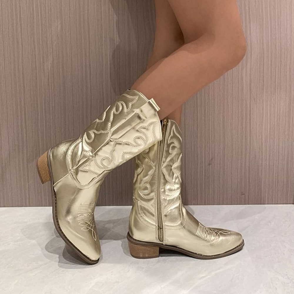 Plain Side Zipper Chunky Heel Pointed Toe Western Boots