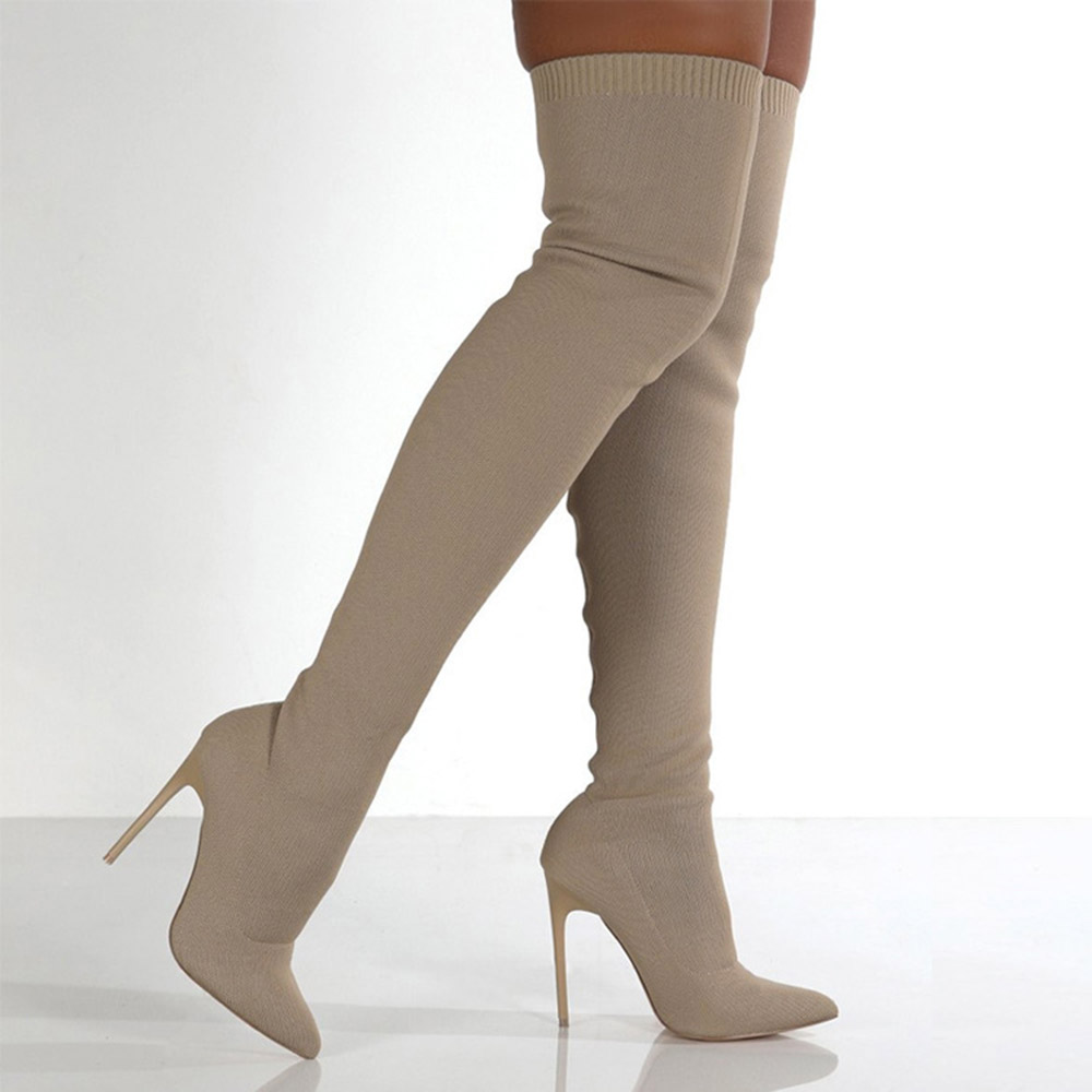 Plain Pointed Toe Stiletto Heel Slip-On PU Boots