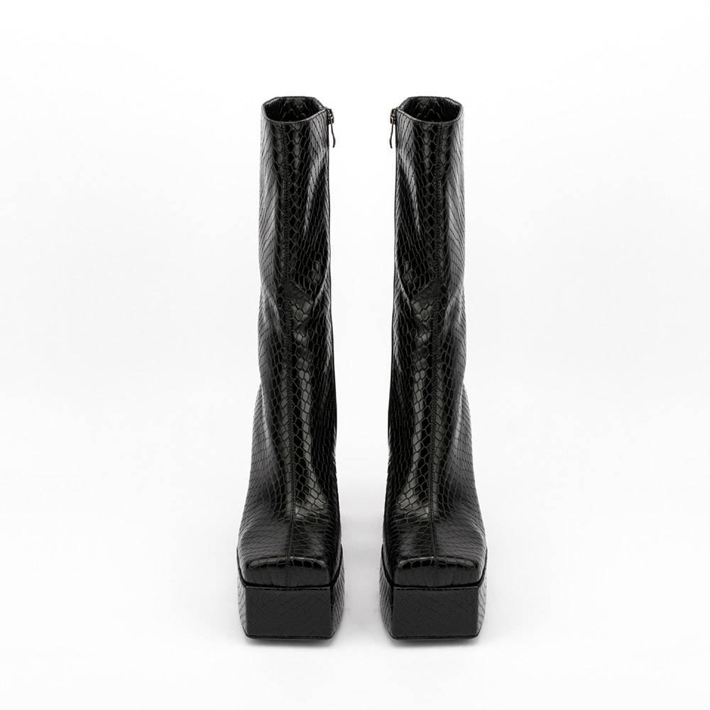 Plain Side Zipper Square Toe Horse-Shoe Heel Serpentine Boots