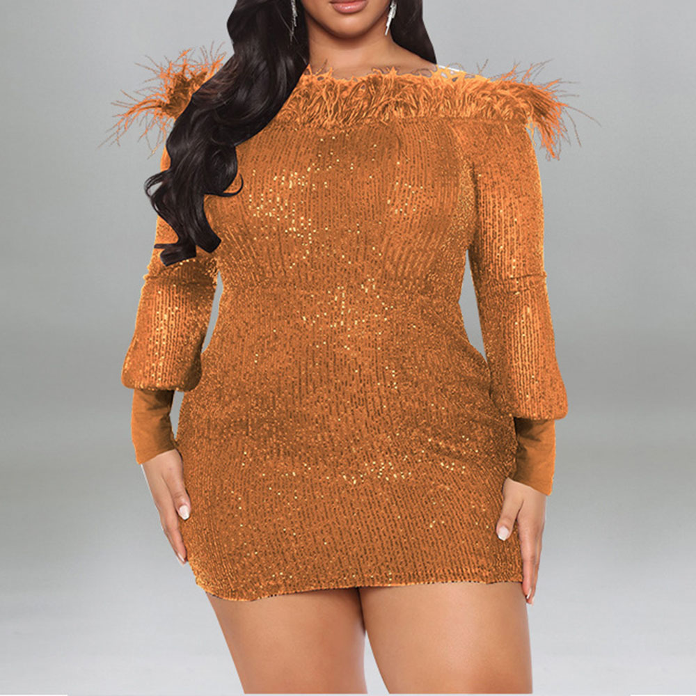 Long Sleeve Above Knee Feather Off Shoulder Fashion Women's Dress