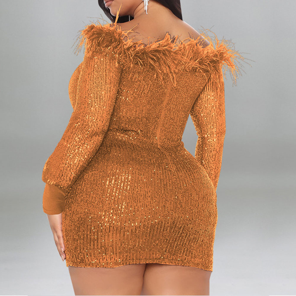 Long Sleeve Above Knee Feather Off Shoulder Fashion Women's Dress
