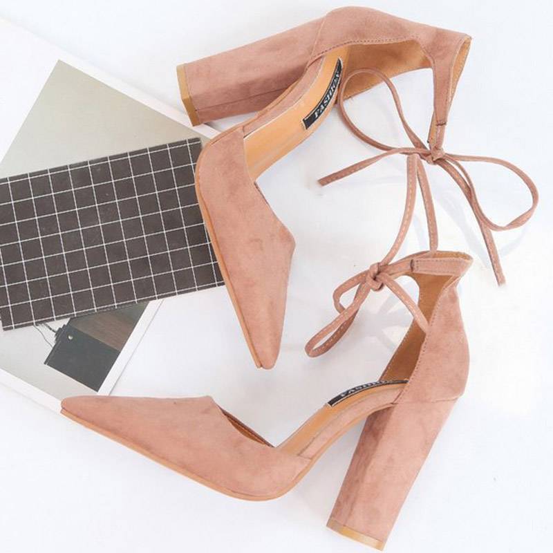 Lace-Up Chunky Heel Pointed Toe 9cm Thin Shoes