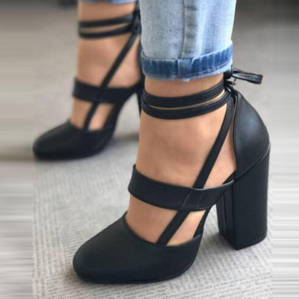 Cross Strap Round Toe Chunky Heel Lace-Up Plain Thin Shoes