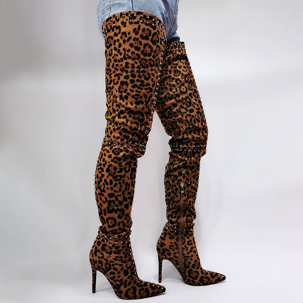 Stiletto Heel Side Zipper Leopard Pointed Toe Short Floss Boots