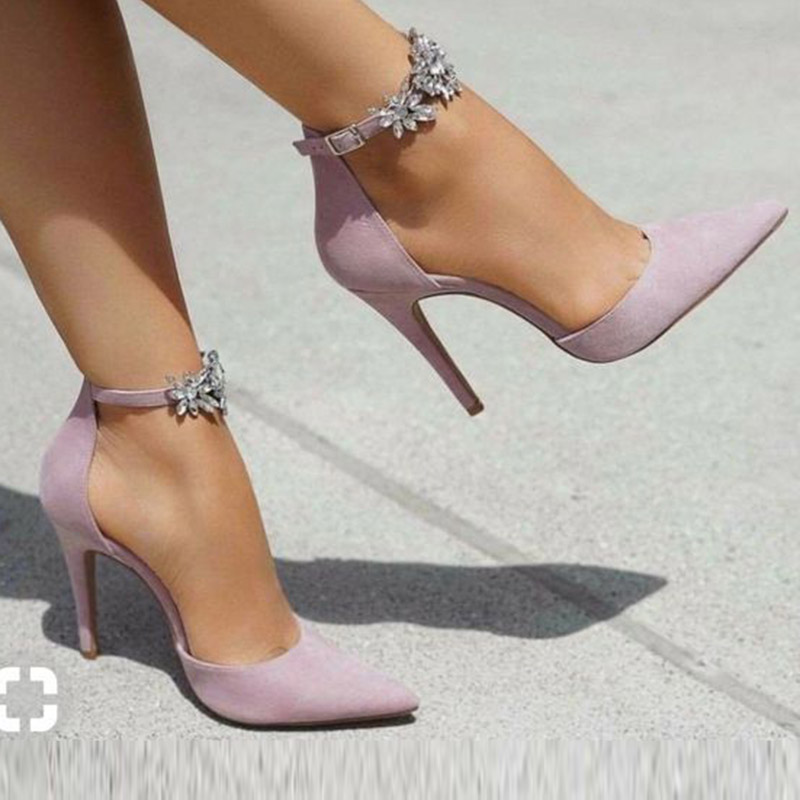 Stiletto Heel Pointed Toe Rhinestone Line-Style Buckle Casual Thin Shoes