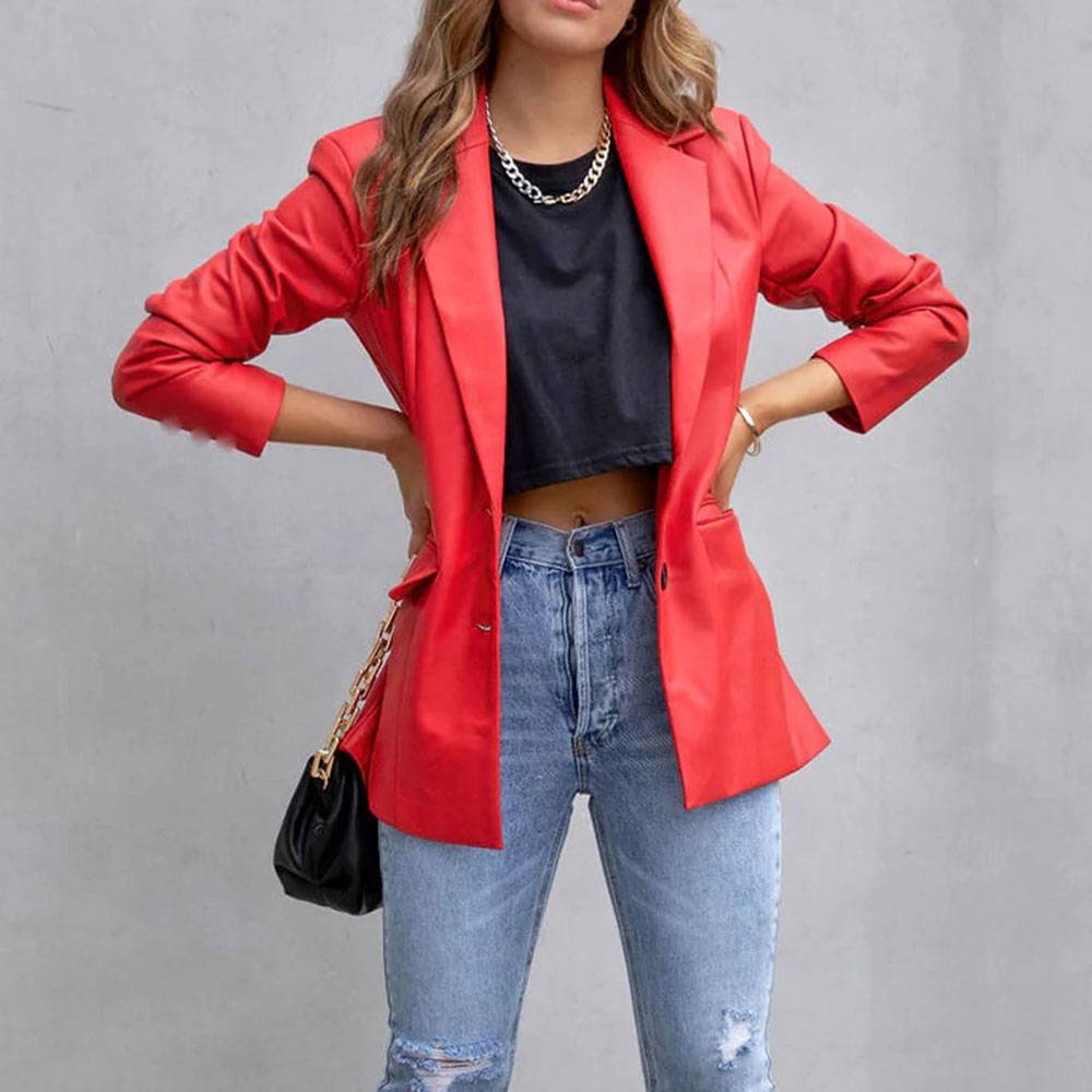 Single-Breasted Mid-Length Slim Fall Women's PU Jacket