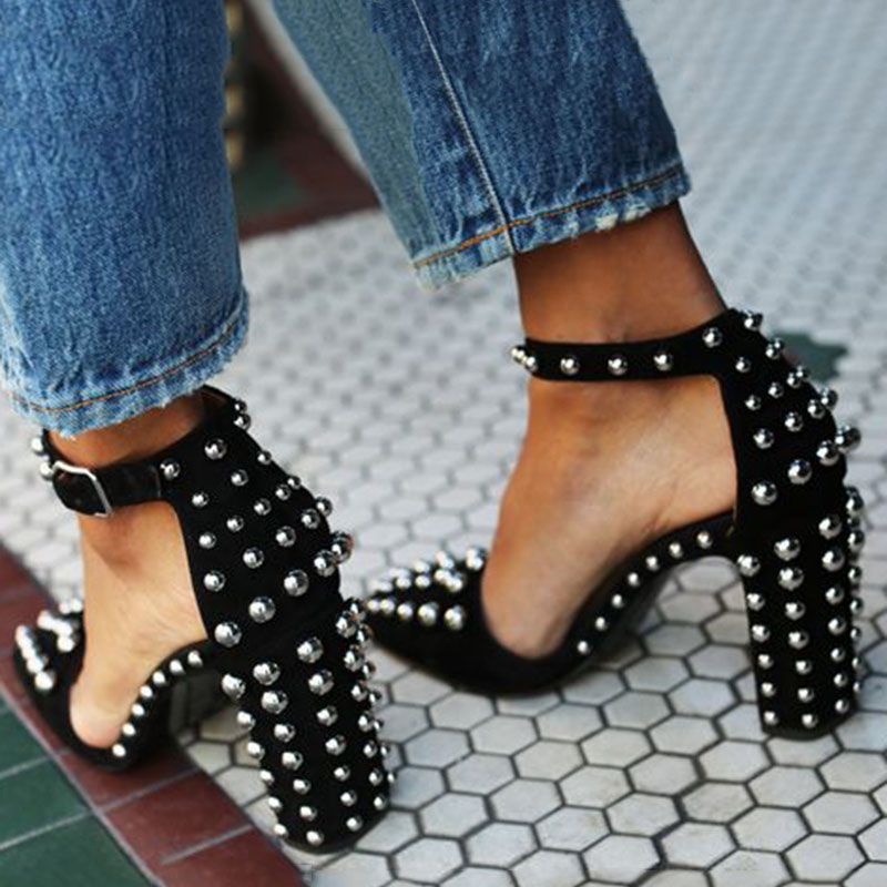 Line-Style Buckle Pointed Toe Rivet Chunky Heel 10cm Thin Shoes