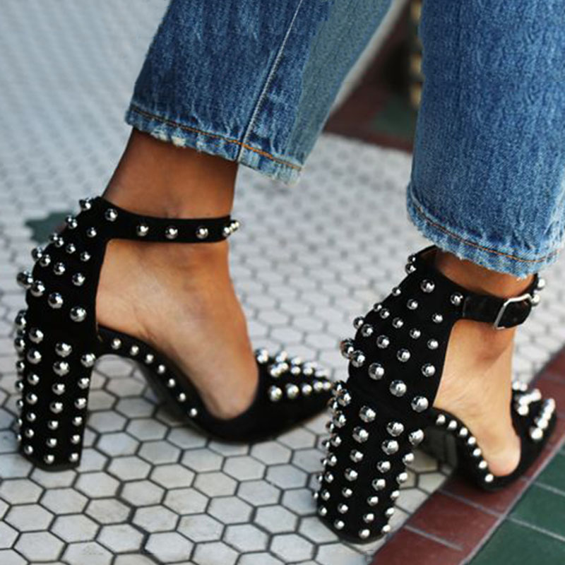 Line-Style Buckle Pointed Toe Rivet Chunky Heel 10cm Thin Shoes